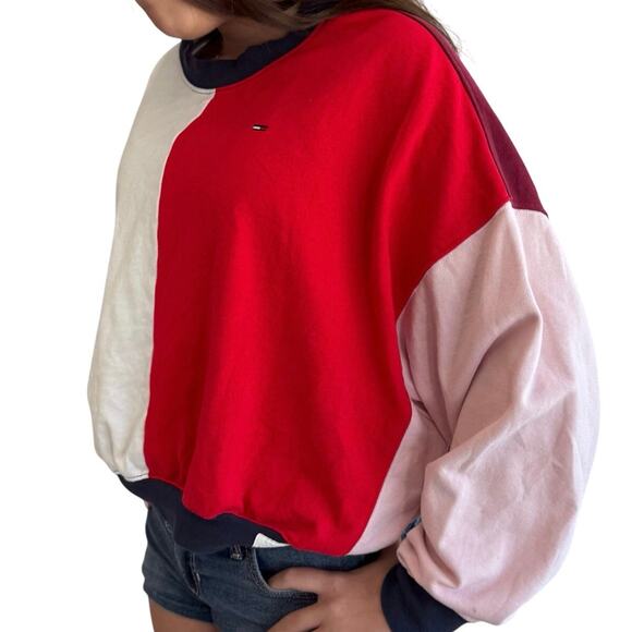 Tommy Hilfiger Denim Colorblock Sweatshirt XS Oversized Fit Retro Pullover - Picture 3 of 9